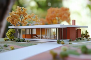 A detailed architectural Midcentury Modern house style of a modern house, featuring large glass windows, a flat roof, and a minimalist design. Surrounding the model are small trees and shrubs.