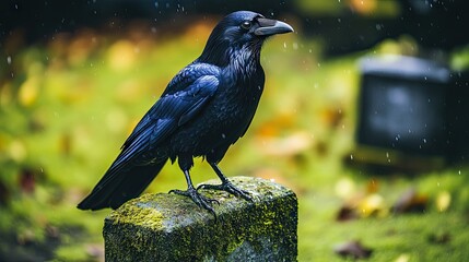 A raven perched on a mossy stone in a serene, nature-filled environment.