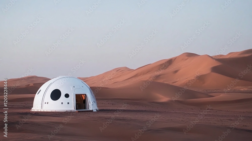 Poster a lone astronaut on mars operating autonomously in a self-sustained habitat surrounded by red dunes.