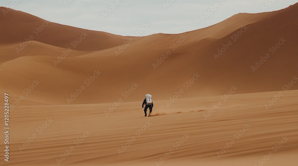 Poster a lone astronaut on mars operating autonomously in a self-sustained habitat surrounded by red dunes.