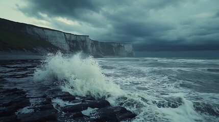 A dark sea under a stormy sky, the waves crashing against a rocky shore with a sense of impending danger