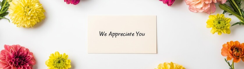 A cheerful card surrounded by vibrant flowers expressing gratitude and appreciation.