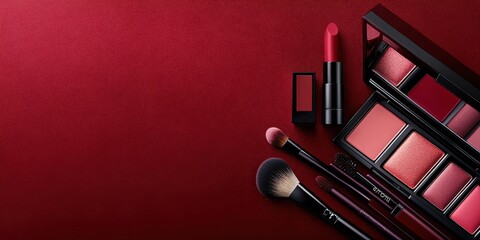 Crimson Cosmetics Collection: A stylish flat lay showcasing a curated selection of luxurious red-toned makeup products, including lipstick, blush, and eyeshadow palettes.