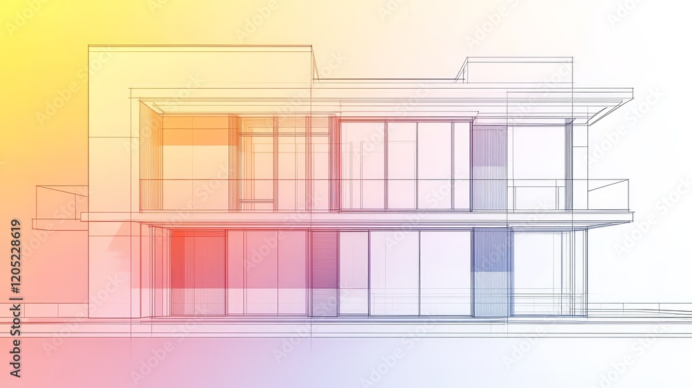 Poster a digital architectural rendering of a modern house design with transparent outlines.