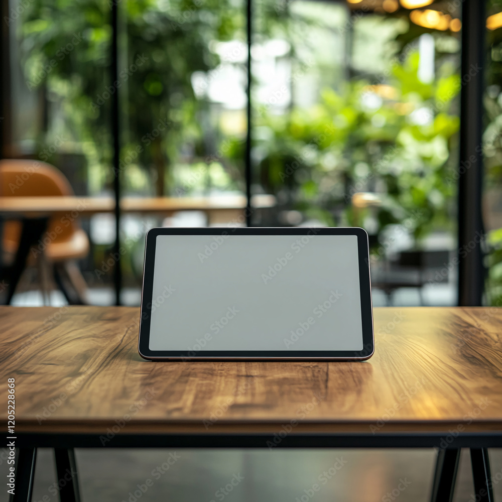 Poster tablet with a blank screen in a modern office with greenery and a clean, minimalist background