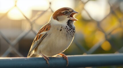 A close-up of a singing sparrow perched on a railing during sunset.