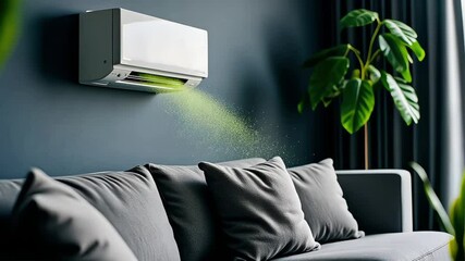 A living room air conditioner with advanced bacteria-clearing technology. Fresh air quality symbolizes the removal of green bacteria with the airflow from the AC
