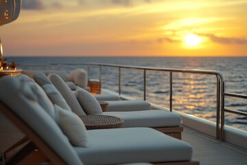 Exclusive yacht party with stylish deck chairs, sophisticated bar area, and panoramic ocean views.