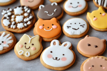Obraz premium A row of animal-shaped cookies with smiling faces