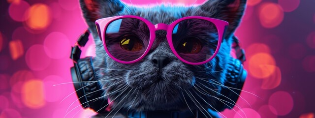 Cat wearing sunglasses and headphones is the main focus of the image