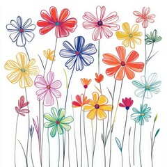 Minimalist style print featuring colorful flower line drawings with a bright, cheerful smile, set in a square format on a clean white background, creating a fresh and modern aesthetic.
