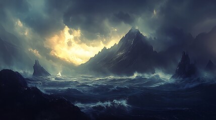 A dark sea under a stormy sky, with waves crashing against a rugged coastline in a powerful display of nature's fury