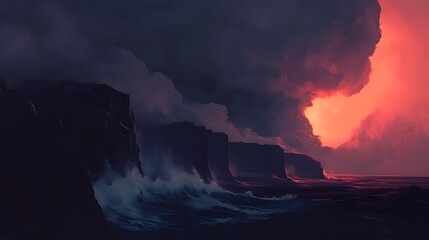 Fototapeta premium A dark sea under a stormy sky, with waves crashing against a rugged coastline in a powerful display of nature's fury