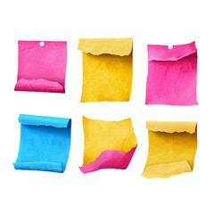 Naklejka premium A collection of colorful, crumpled sticky notes in pink, yellow, and blue.