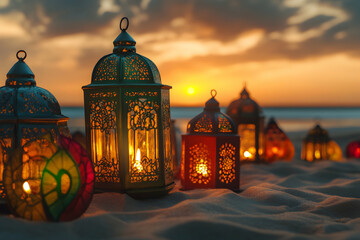 Fototapeta premium Sunset Serenity: Ramadan Lanterns on the Beach