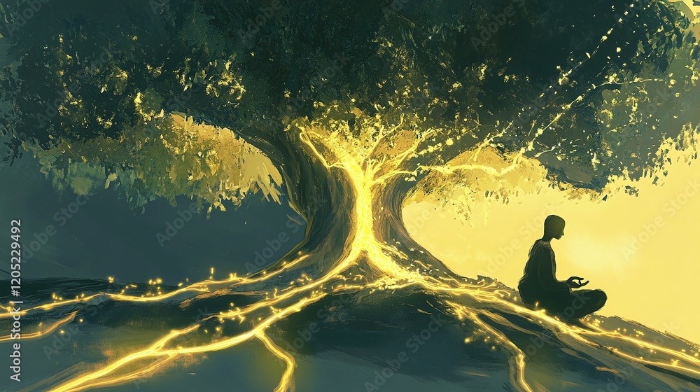 Poster a meditative figure sitting under a glowing tree with energy streams connecting them to the roots an