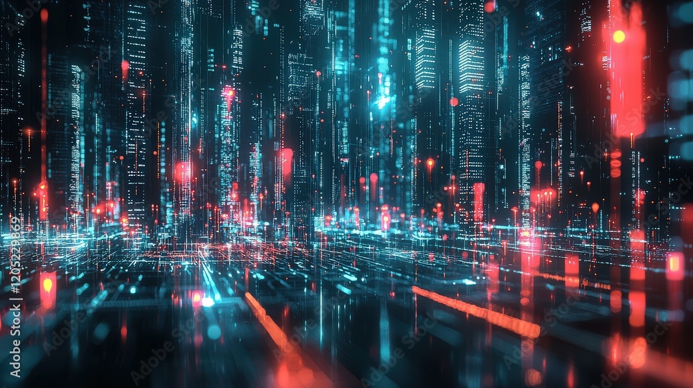 Poster smart city data flow through digital infrastructure, visualized with futuristic holograms of data ne