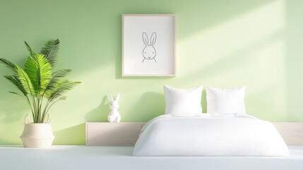 Simple and elegant rabbit line art with delicate whisker details, framed with muted green tones to add a natural touch.