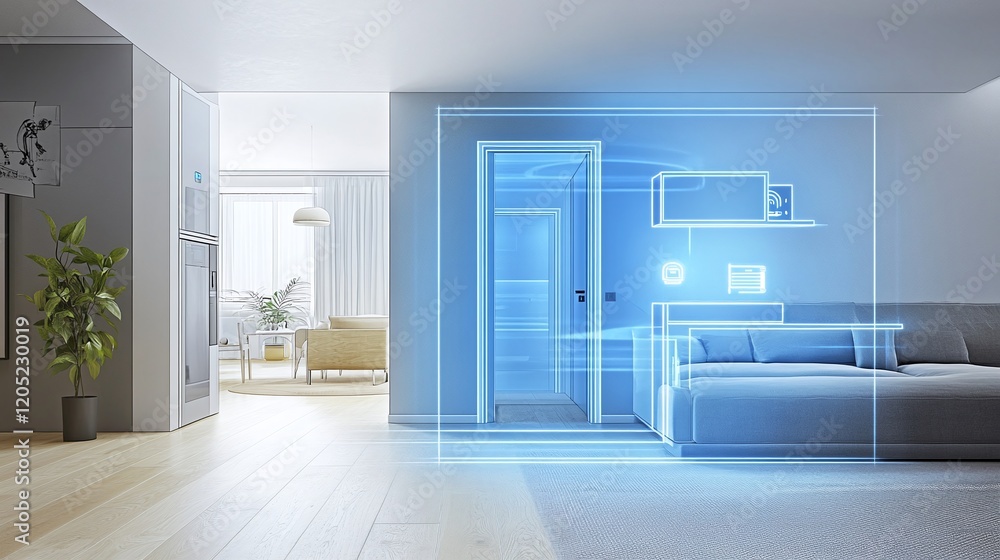 Poster a minimalist apartment showcasing advanced ai systems that autonomously control lighting temperature