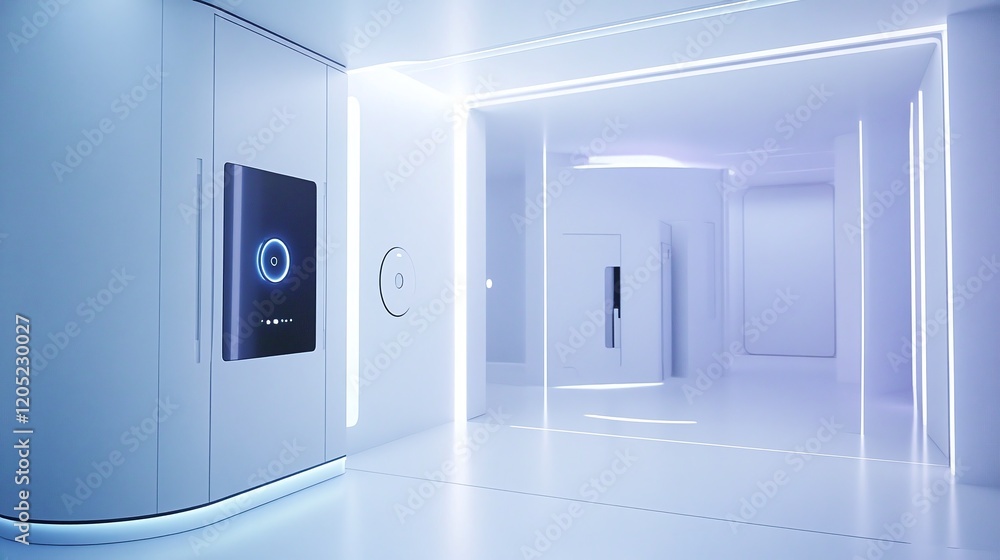 Poster a minimalist apartment showcasing advanced ai systems that autonomously control lighting temperature