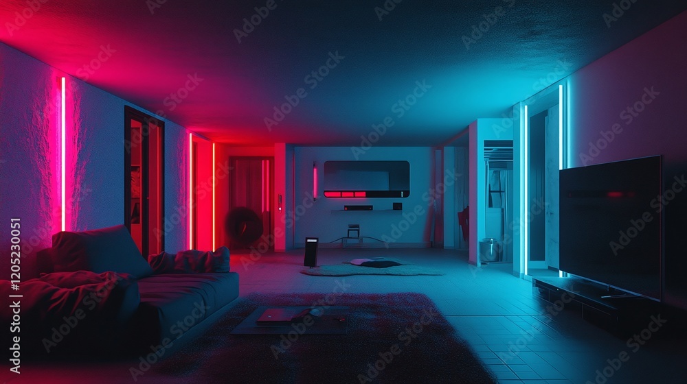 Poster a minimalist apartment showcasing advanced ai systems that autonomously control lighting temperature