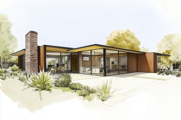 A modern architectural sketch of a single-story Midcentury Modern house style featuring large glass windows, a stone chimney, and a blend of wood and metal materials. The surrounding landscape.