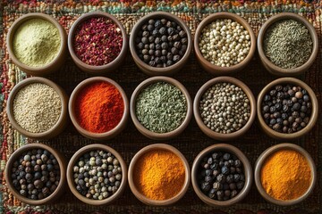 Exotic Spice Collection - A variety of exotic spices arranged in small bowls or containers.