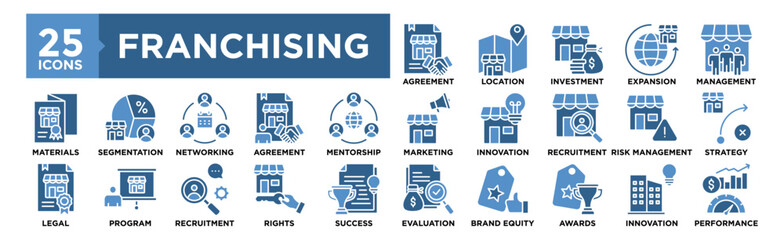 Franchising icon collection set. Containing design business, franchise, marketing, retail, management, store, investment	