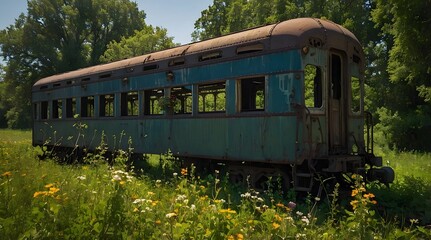 Fototapeta premium An abandoned vintage train car overgrown with vines and flowers, nestled in a serene meadow surrounded by trees, bathed in soft sunlight during a peaceful summer evening
