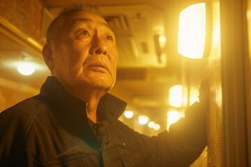 An elderly man gazing thoughtfully in a warm, softly lit environment.