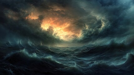 Fototapeta premium A dramatic cloudy sky over a dark, stormy sea, the horizon obscured by the fury of the storm