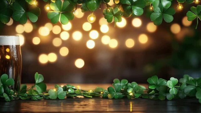 Illuminated shamrock garland and pint scene perfect for st. patrick's day celebrations