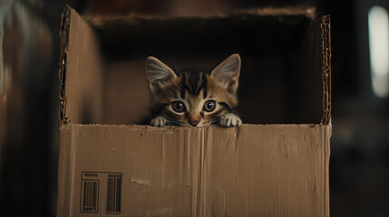 A cute kitten hiding inside a cardboard box