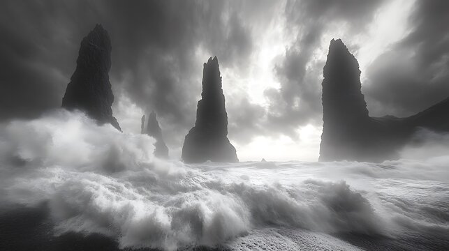 A stormy ocean under a dramatic cloudy sky, with waves crashing against jagged rocks in a powerful display of nature's fury