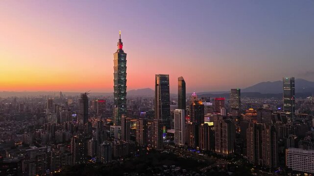 Aerial 4K footage of Taipei City Skyline in Taiwan. It is the Financial District of Taipei, capital city of Taiwan during sunset.