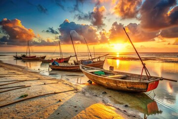 Fototapeta premium Zanzibar's Kendwa Beach: low tide reveals vintage fishing boats silhouetted against a fiery sunset.