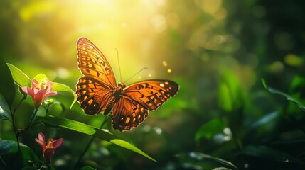Obraz premium A butterfly sits on a leaf with sunlight shining through the leaves.