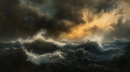 A stormy ocean with dark clouds looming overhead, the waves surging and crashing against each other in a chaotic dance
