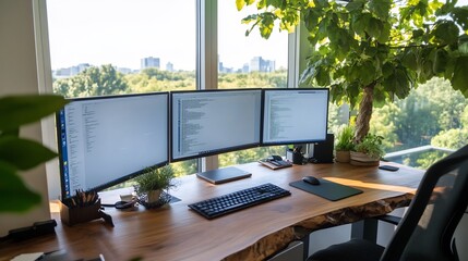 Obraz na płótnie Canvas Modern programmer's desk with triple monitors overlooking city