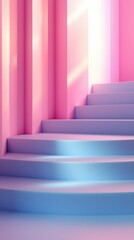 Obraz premium Pink and blue stairs ascending with light beam, pastel scene, minimalist 3D art Generated AI