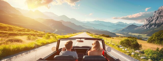Couple is driving a convertible car on a road with mountains in the background