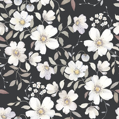 Obraz premium Floral watercolor seamless pattern with white abstract flowers and delicate leaves. Floral illustration on dark background of elegant design elements for textile, cover, background or wallpaper.