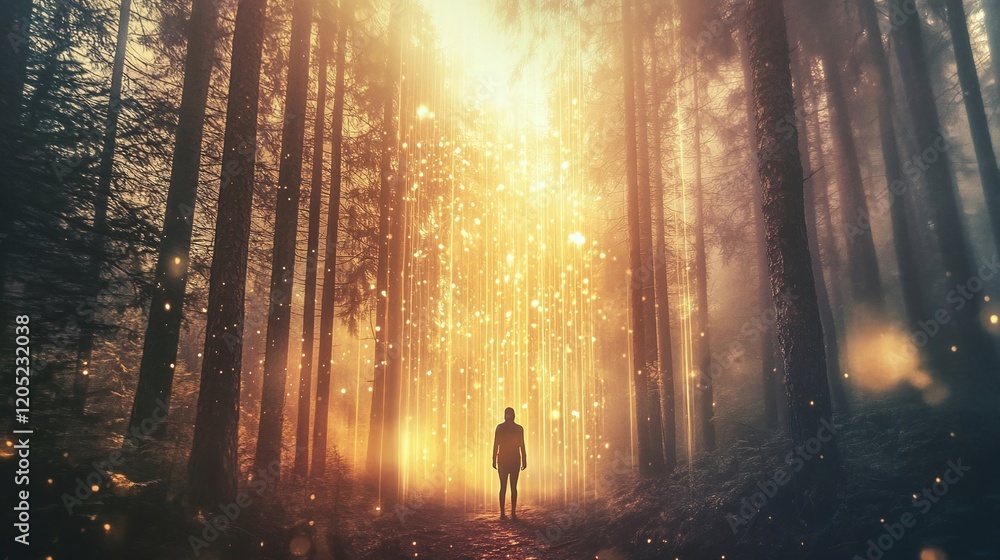 Poster a person standing at the edge of a glowing forest with streams of light energy connecting them to th