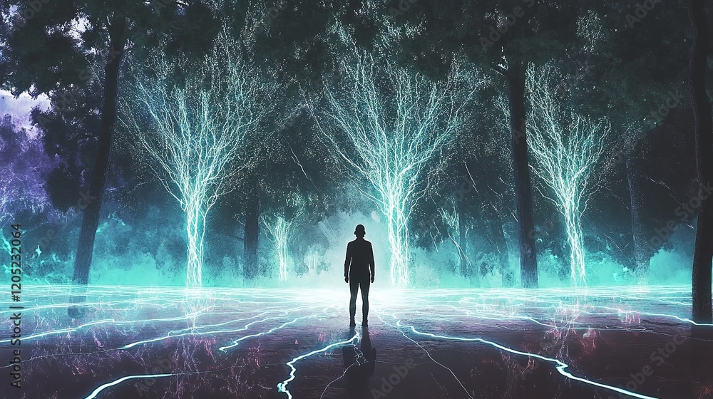 Poster a person standing at the edge of a glowing forest with streams of light energy connecting them to th