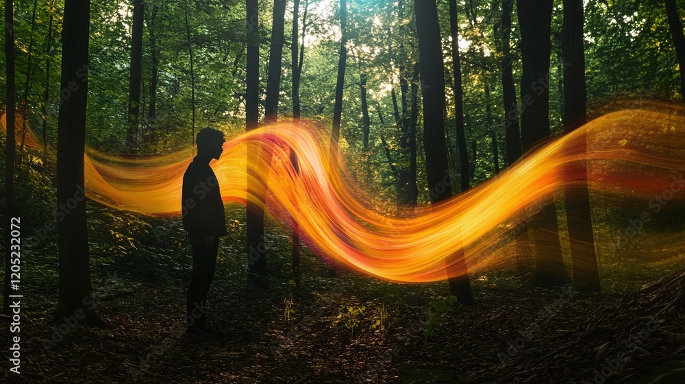 Poster a person standing in a forest with vibrant energy waves swirling around them symbolizing connection 