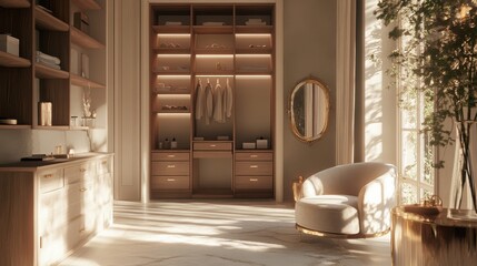 A room with a white chair and a mirror