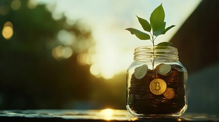 A glass jar overflowing with coins and a healthy plant growing from the top representing financial prosperity
