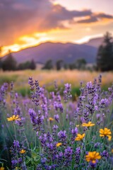 Lavender flower field under a stunning sunset, showcasing vibrant purple and yellow hues with mountains blurred in the background