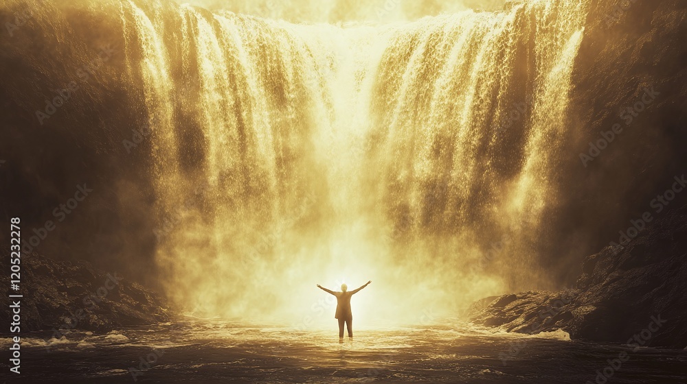Poster a person standing under a waterfall of glowing energy with radiant light cascading around them in an