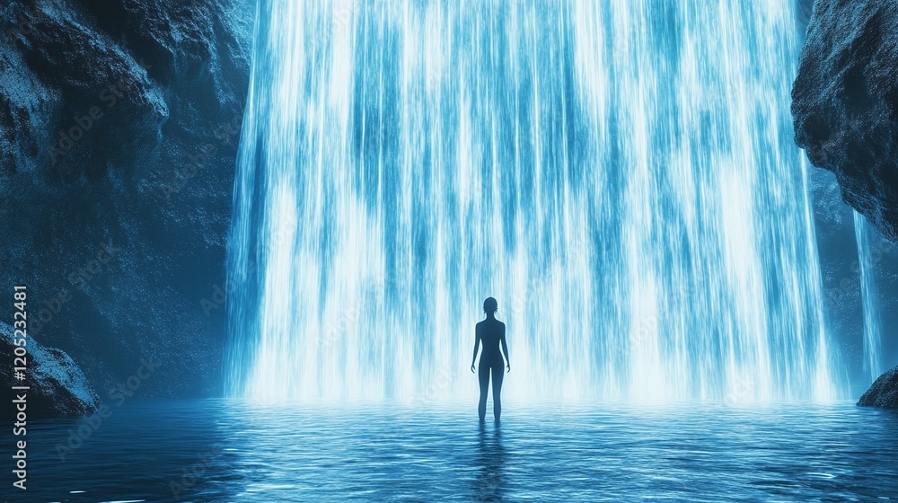 Aufkleber a person under a glowing waterfall with streams of light energy cascading around and blending into t